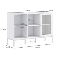 Mobile Buffet con 4 Ripiani Aperti e Armadietto, in Truciolato e Acciaio, 120x37x81.5 cm, Bianco