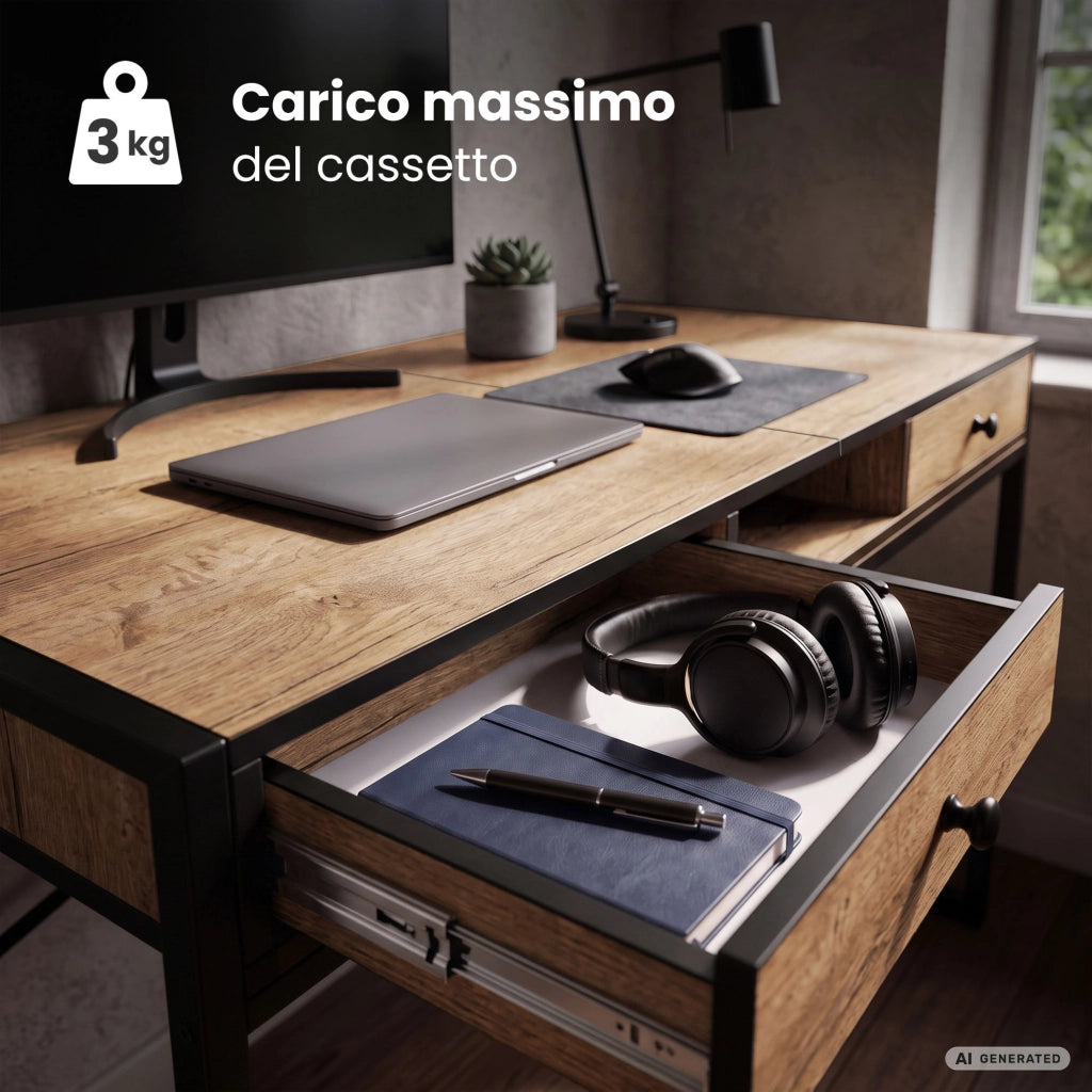 Scrivania industriale per computer Rovere Craft ELONIS 123 cm 2 cassetti 1 ripiano gambe nere