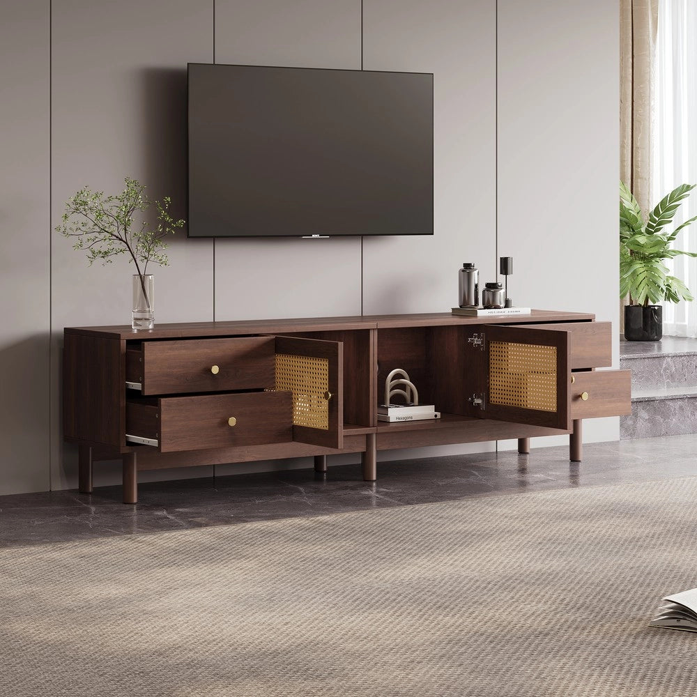 Mobile TV in Legno Scuro con Cassetti e Ante in Rattan ¨C Xylo ¨C 180 cm
