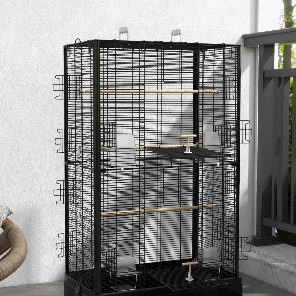 Gabbia per Uccelli 61x36.5x98 cm con Vassoio Estraibile e Posatoi Voliera per Pappagalli Nero