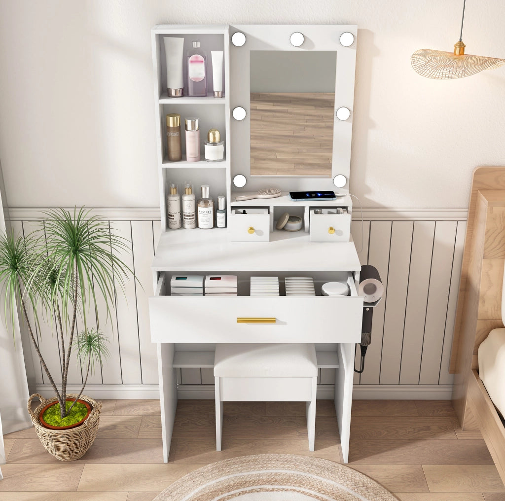 Tavolo da trucco con specchio LED a 3 modalità; presa elettrica; supporto phon e sgabello; bianco 60x131;5x38 cm