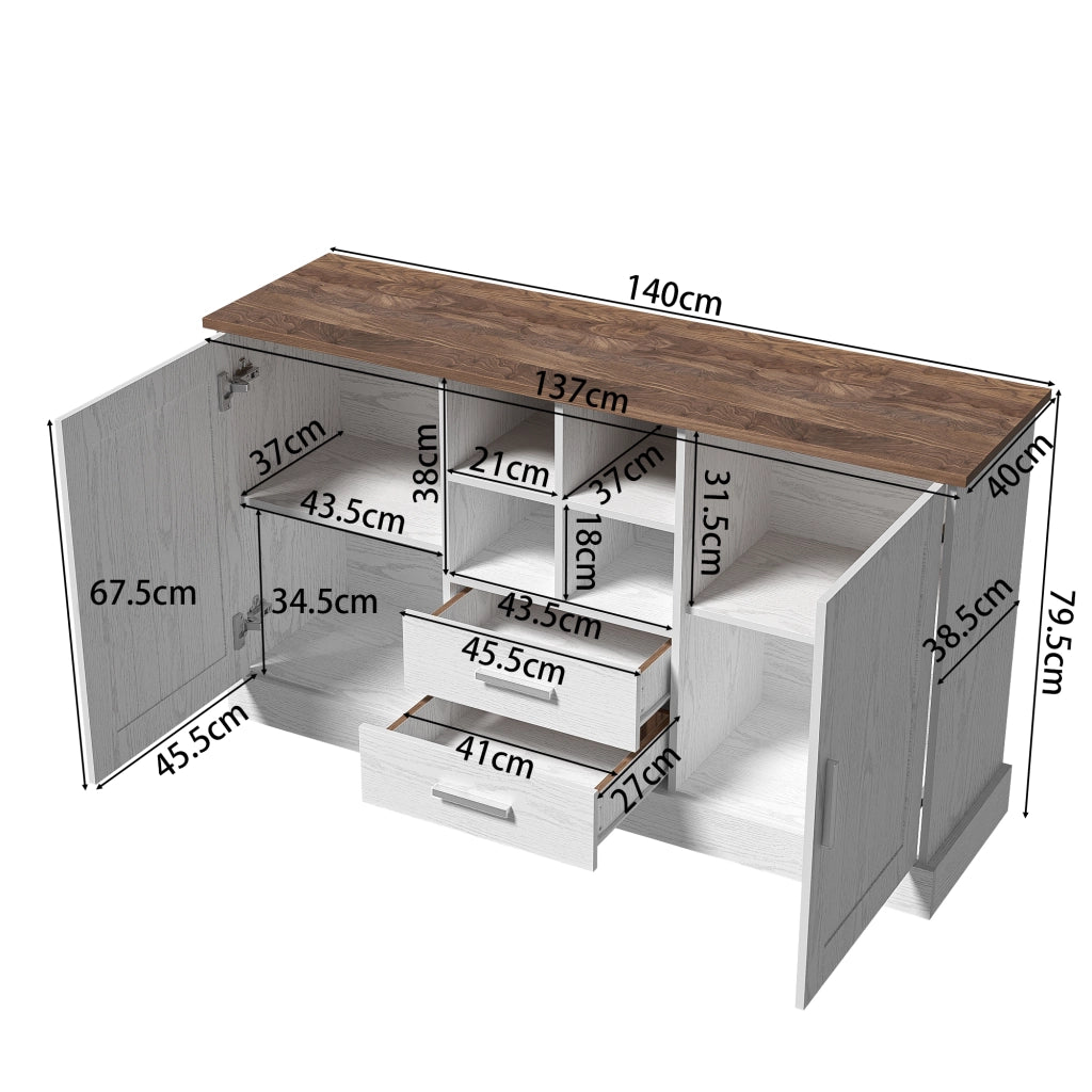 Credenza 2 Ante 2 Cassetti ¨C MINIMAL ¨C Bianco e Marrone Effetto Legno 140x40x79,5 cm