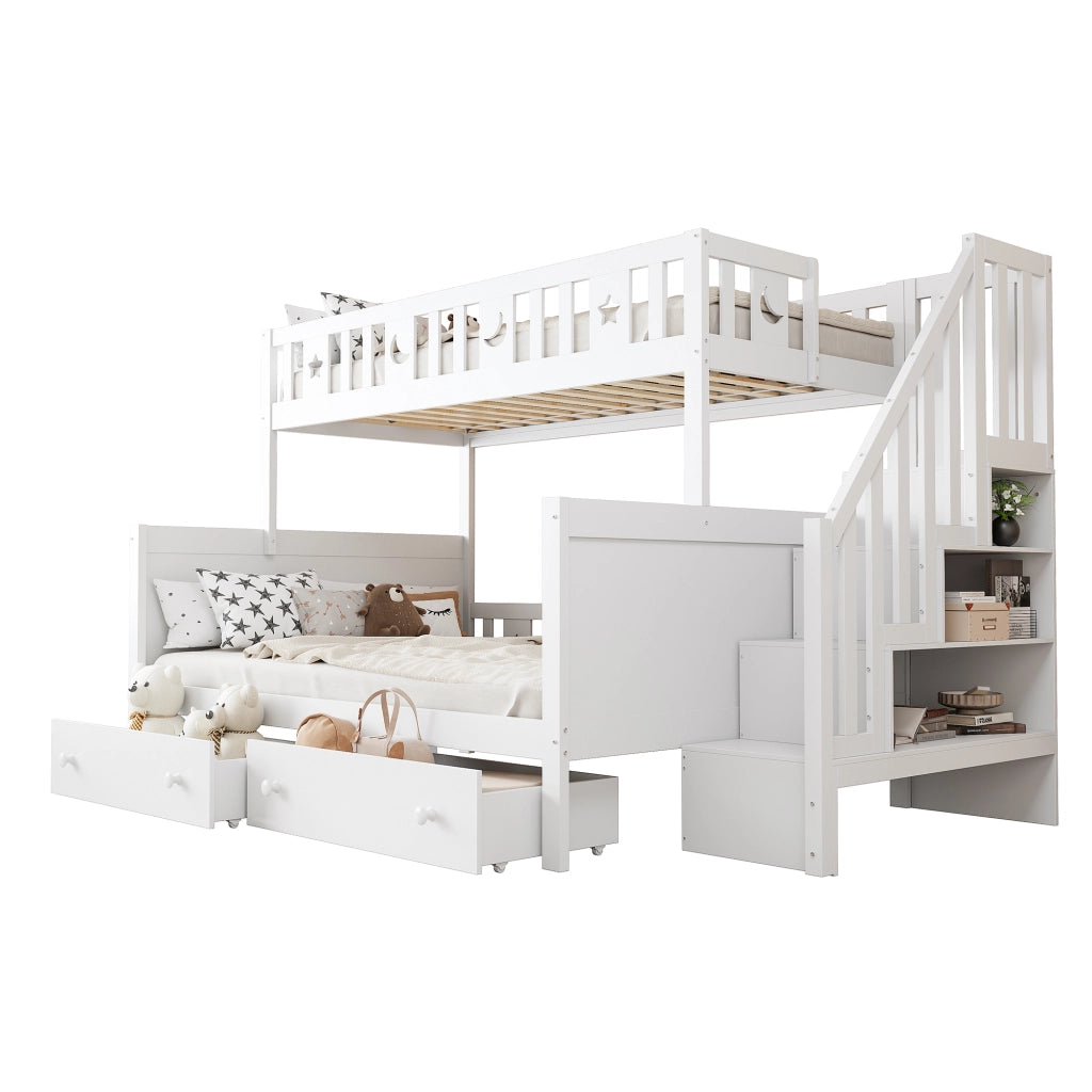 Letto a castello 90x200 cm con scala contenitore; cassetti e rete in legno bianco