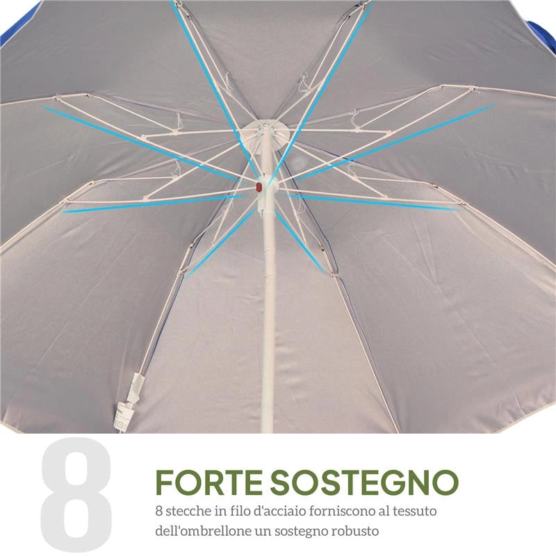 OMBRELLONE DA SPIAGGIA INCLINABILE CON FODERA RIFLETTENTE IN ACCIAIO E POLIESTERE Ø 1.7X2.05 M BLU