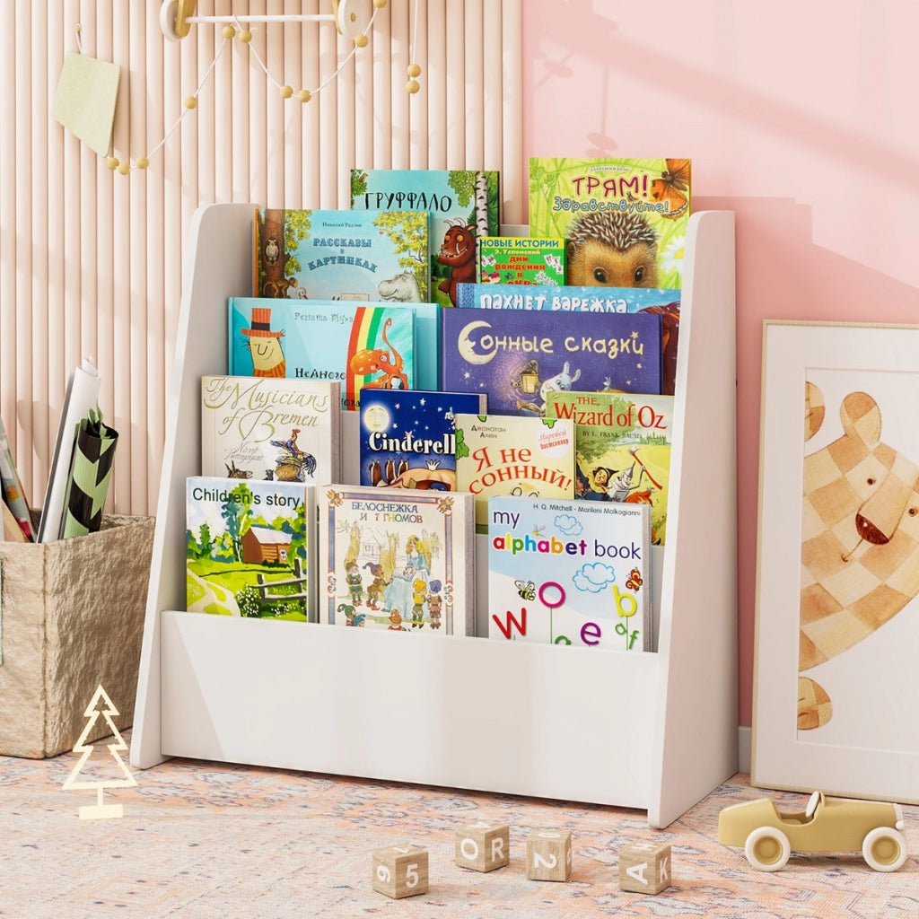 Libreria per bambini a 4 ripiani con scomparti profondi, Libreria con esposizione frontale e porta riviste per camere e sale Bianco