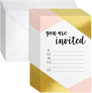 Set di Inviti di Festa da 36 - Disegno Rosa/Dorato - Carte di Invito per Compleanno/Baby Shower - Inclusi Buste - 10 x 15 cm - Design Minimalista