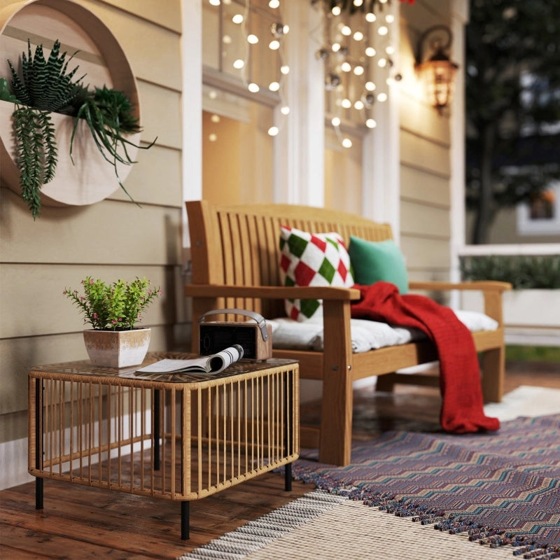 OKWISH Tavolino da Giardino Quadrato con Piano in Vetro Temperato e Rattan, per Terrazza e Balcone, 65 x 65 x 43 cm