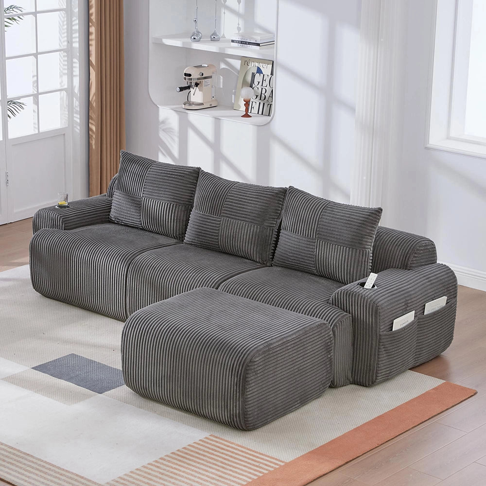 Divano modulare in velluto coste per 3 persone - Xylo - Grigio scuro - Con pouf, porta bevande, tascone laterale