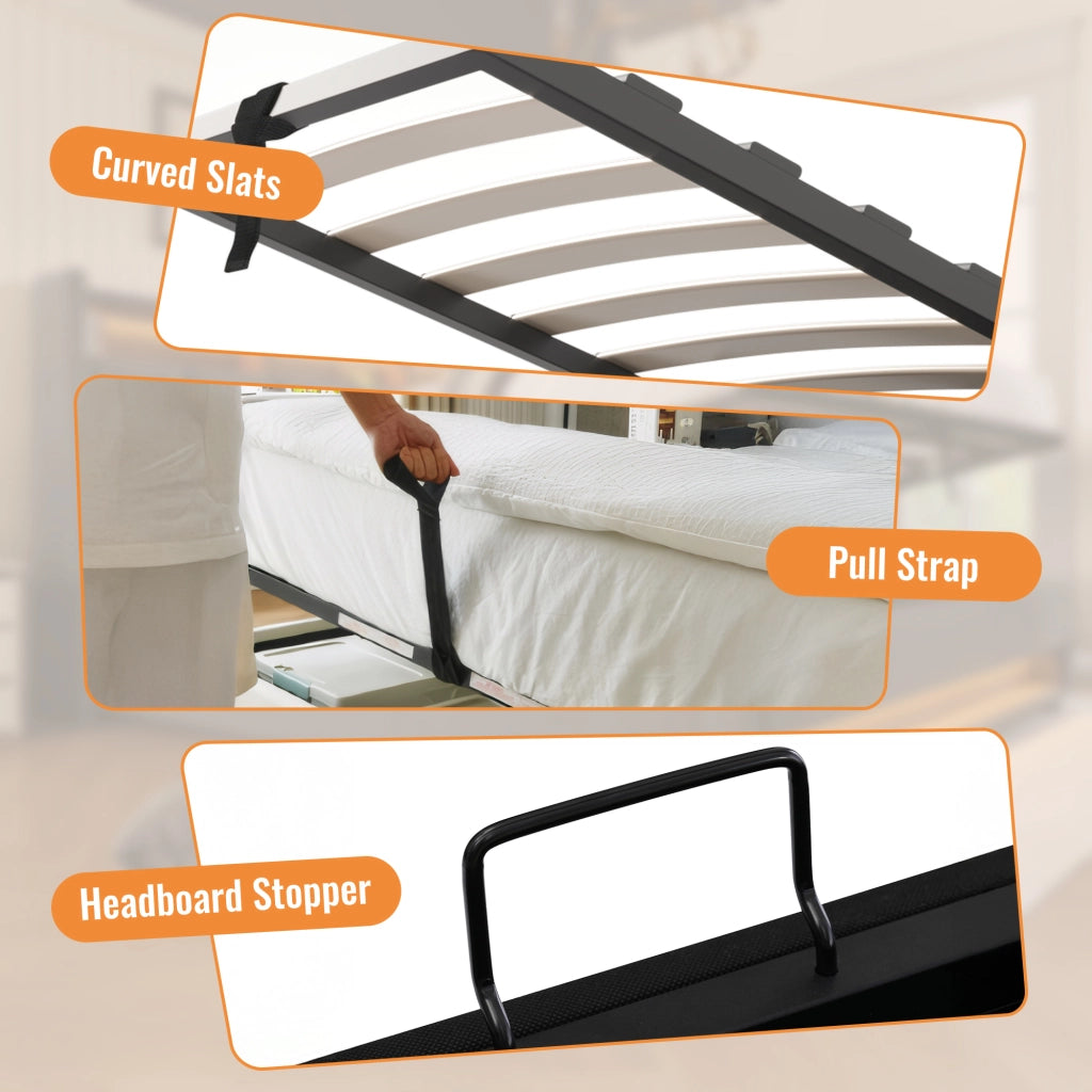 OKWISH Letto Contenitore 90×200 cm, Letto Singolo con Portabicchiere, USB, Tipo-C e Testiera Ribaltabile, con Materasso, in Lino, Beige