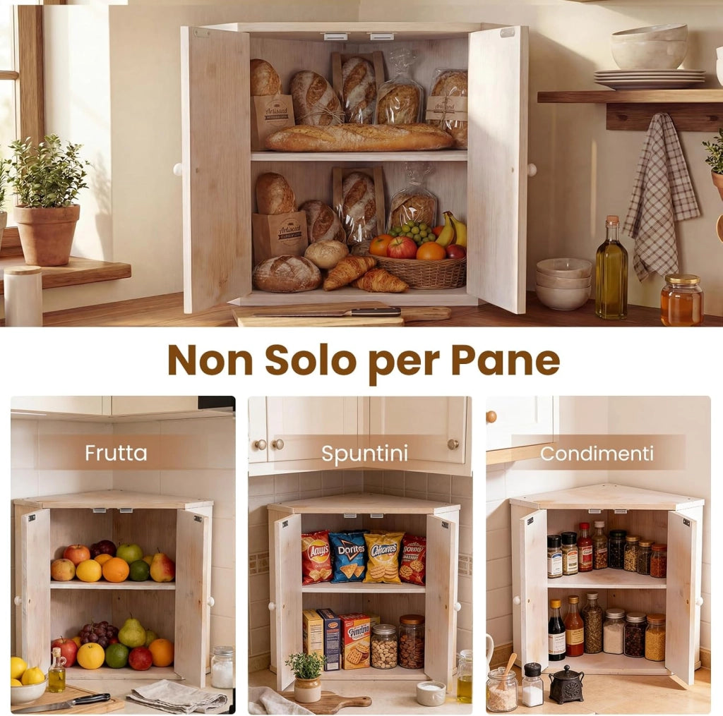 Scatola Porta Pane Angolare, Organizzatore per Pane a Doppio Strato in Bamboo con Ripiano Regolabile, Contenitore Porta Pane Capiente per Bancone Cucina, 31x31x41 cm