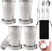 Set di 4 becher in acciaio inossidabile - 75 ml - Opvougbile - Per campeggio e picnic - Portatile e comodo - Per escursioni - Set di bicchieri a coperchio