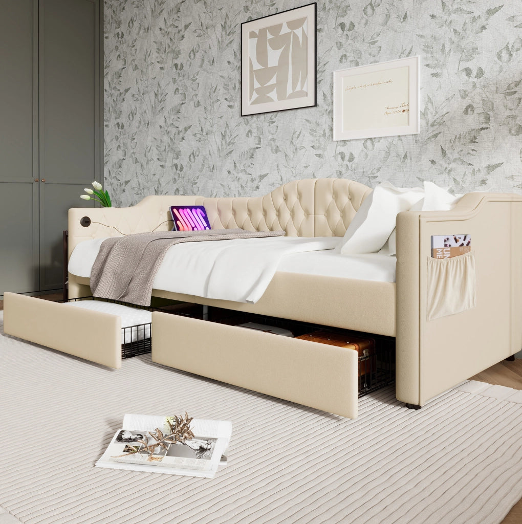 Letto daybed in velluto beige 90x200 cm con 2 cassetti; USB e Type-C