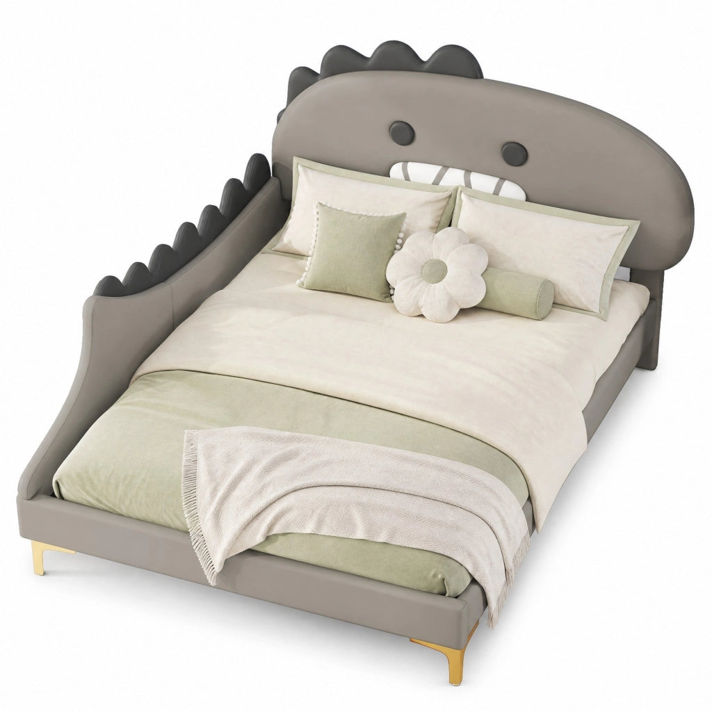 Letto per bambini a forma di dinosauro in PU grigio; per materasso 140 x 200 cm