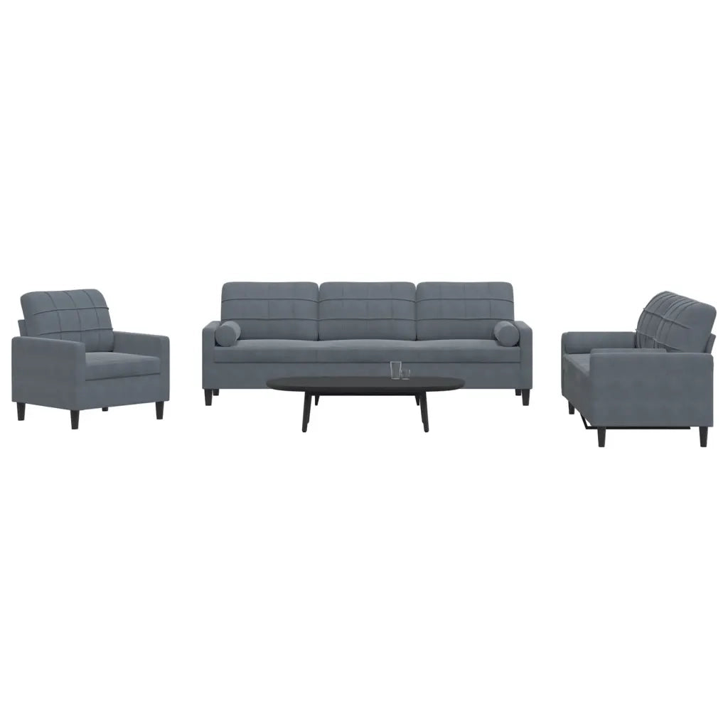 Set di Divani 3 pz con Cuscini e Rinforzi Grigio Scuro Velluto
