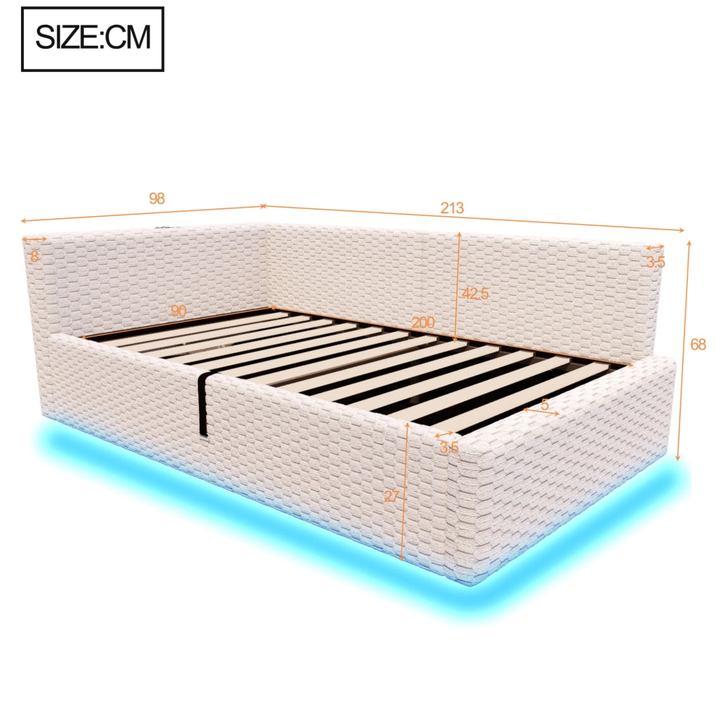 Letto imbottito 90 x 200 cm con LED, USB e vano contenitore