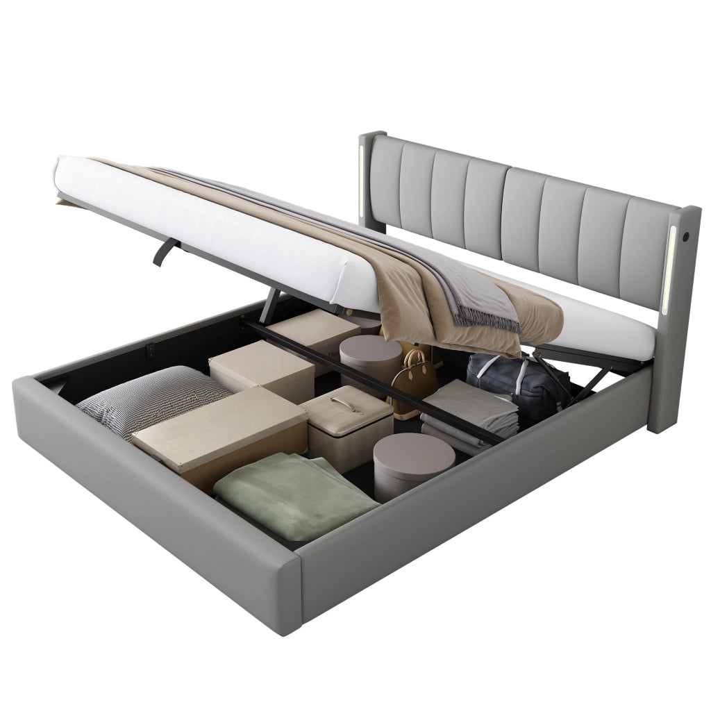 Letto matrimoniale 180x200 cm con contenitore; LED e porta USB; angolo regolabile 0-30°; PU grigio