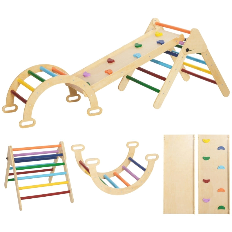 Triangolo arrampicata 5 in 1 per bambini in legno con rampa e ponte, multicolore