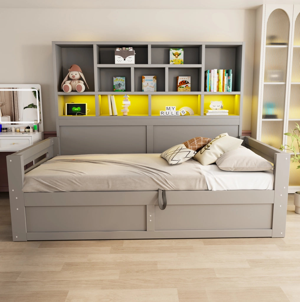 Multifunktionsbett 90x200 cm con contenitore idraulico; LED e prese; MDF; grigio