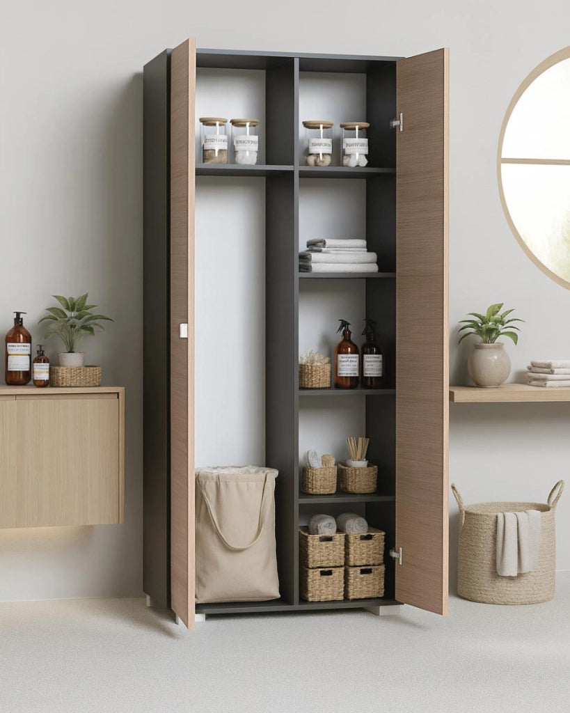 Armadio multiuso Sonia 2 ante - Mobile portascopa salvaspazio - 6 ripiani interni e un vano portascope - Colore ante virginia e struttura antracite - 75x180x35 cm_