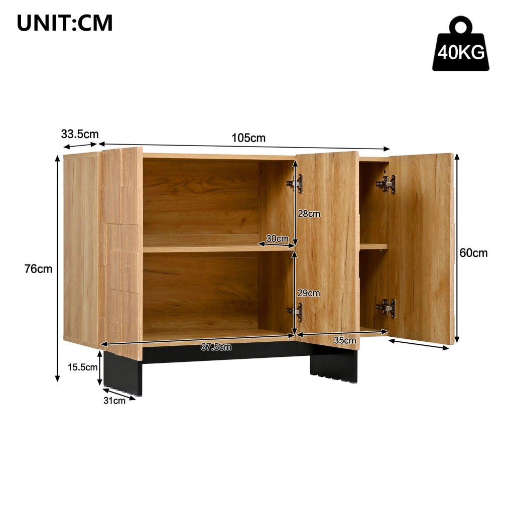Credenza con 3 ante e ripiani regolabili, frontale geometrico, in bambù e MDF, naturale e nero, 105 × 33,5 × 76 cm