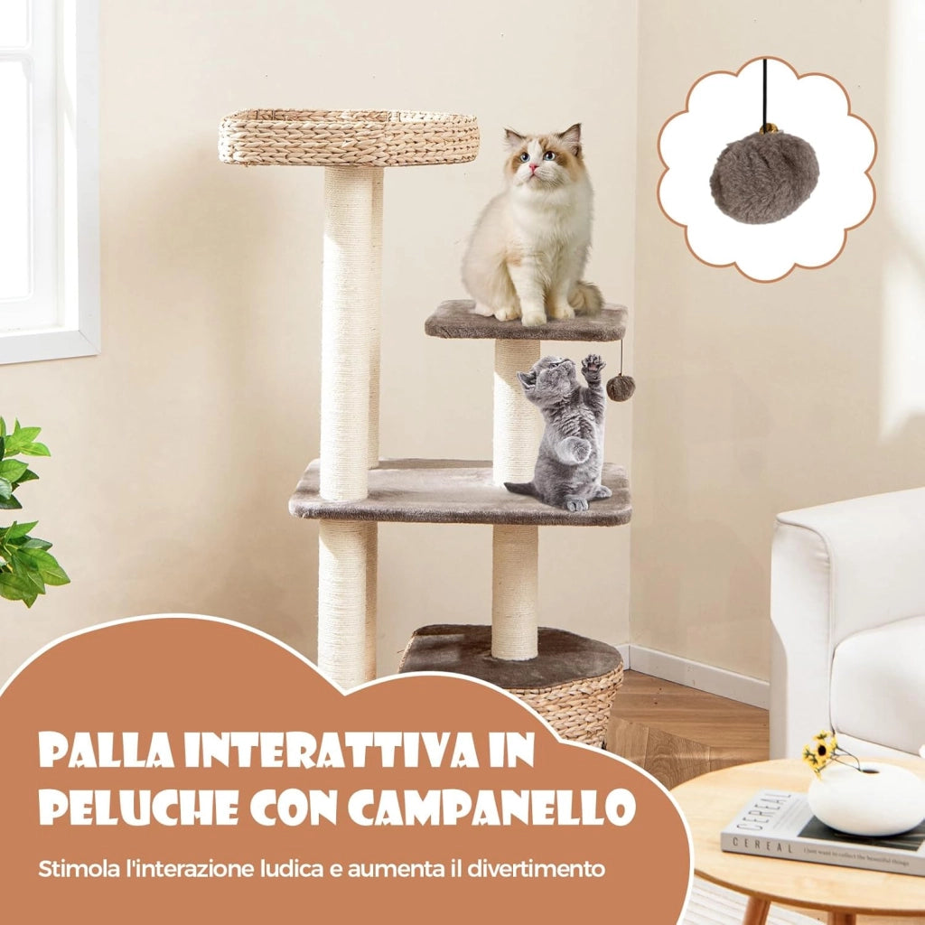 Tiragraffi 131cm, Albero per Gatti con Posti per Graffiare in Sisal, Cuccia di Velluto a Coste, Condo, Pallina Pendente e Cuscini Lavabili, Mobili per Animali Domestici, Caffè e Naturale