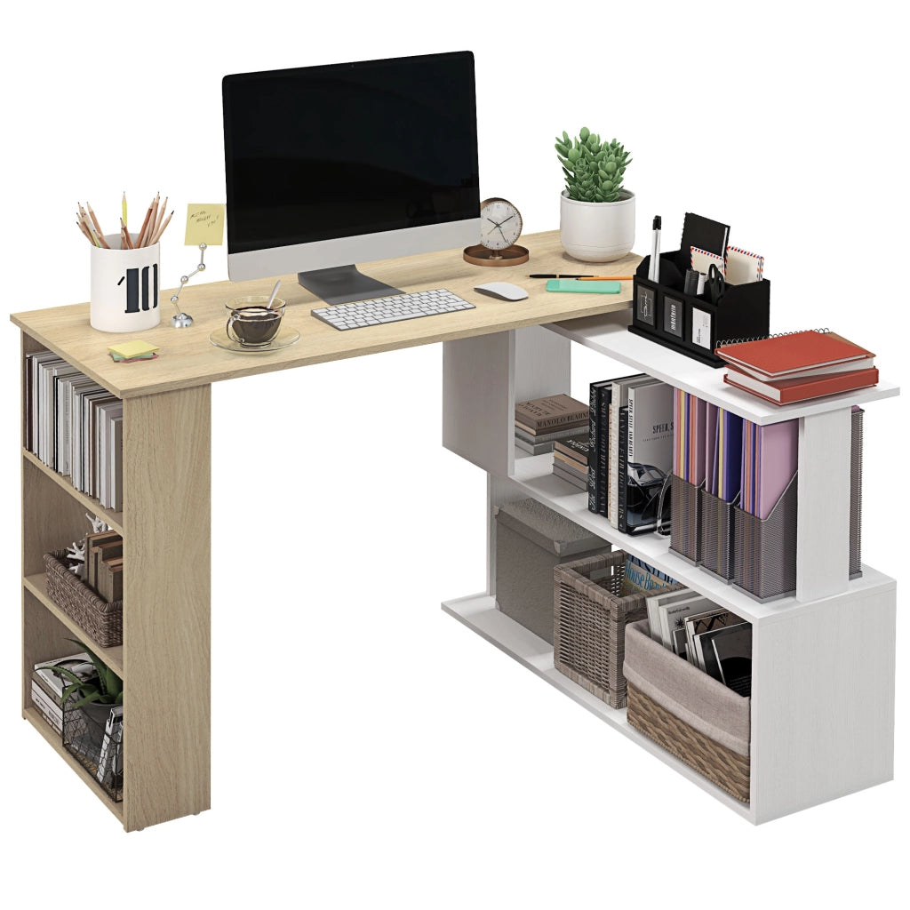 Scrivania angolare con libreria e scaffali ¨C zephmum ¨C bianco e legno naturale