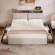 Letto beige in lino con testiera regolabile; 4 cassetti; vani contenitore; prese USB e Type-C