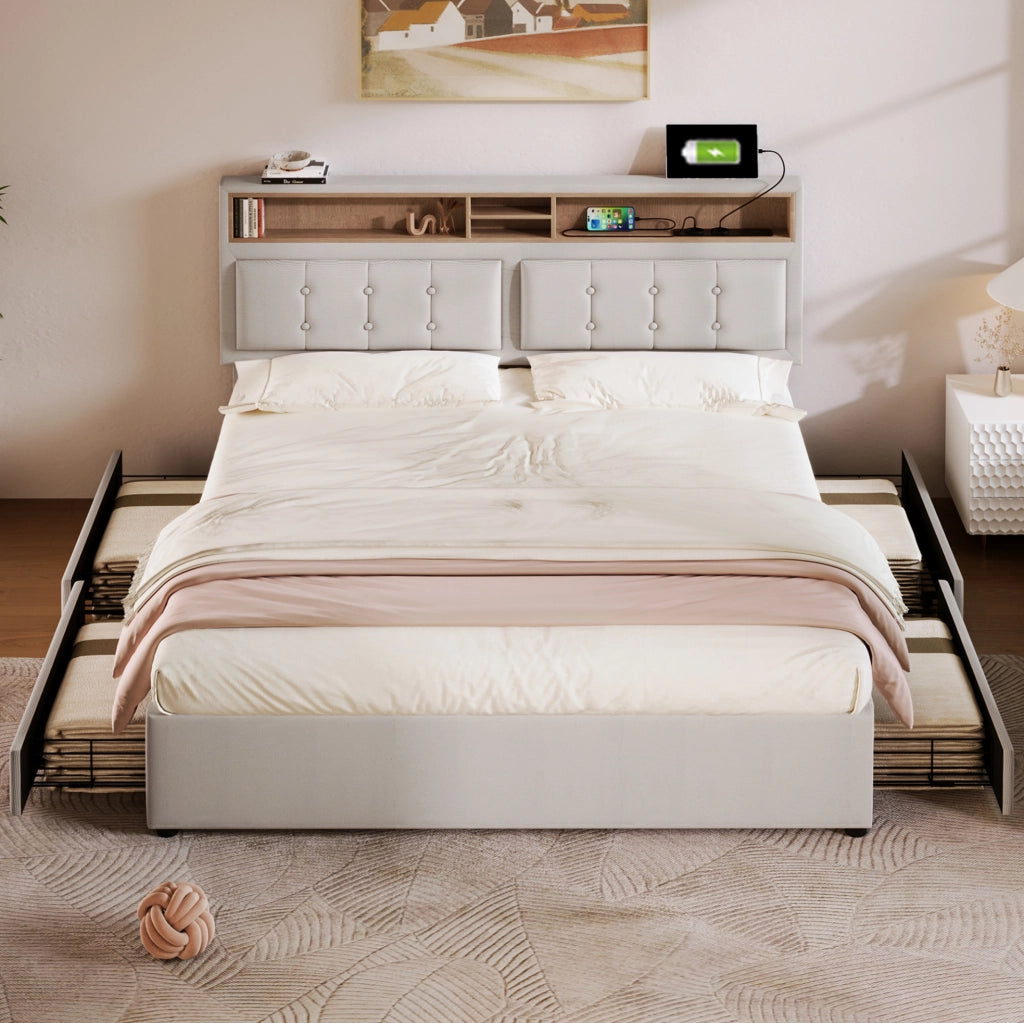 Letto beige in lino con testiera regolabile; 4 cassetti; vani contenitore; prese USB e Type-C