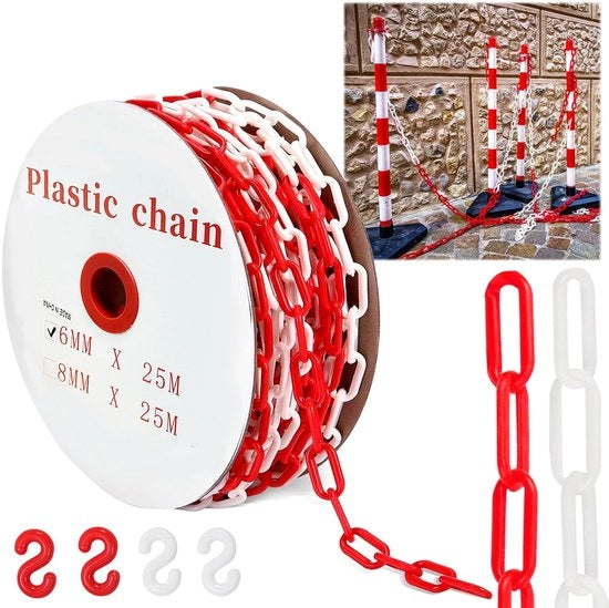 Catenaccio in plastica 25 m - Raccordo rosso/bianco - 4 ganci da carabinieri - Catenaccio di allarme - Diametro 6 mm - Catenaccio di sicurezza