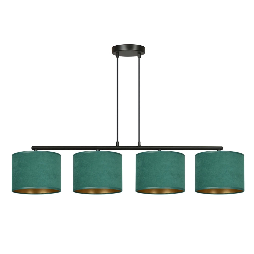 Lampadario 4 Luci Ganesha In Acciaio Nero E Paralumi In Tessuto Verde