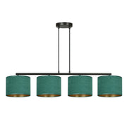 Lampadario 4 Luci Ganesha In Acciaio Nero E Paralumi In Tessuto Verde