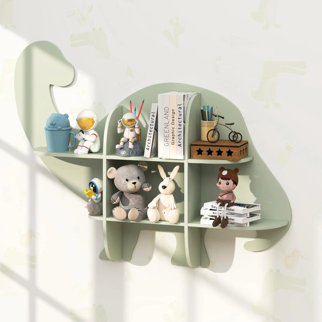 Libreria da Parete per Bambini a Forma di Dinosauro, Mensola a 2 Ripiani in Legno da Appendere, Scaffale da Parete per Camera dei Bambini Camera da Gioco Asilo, 105,5x16x78,5 cm