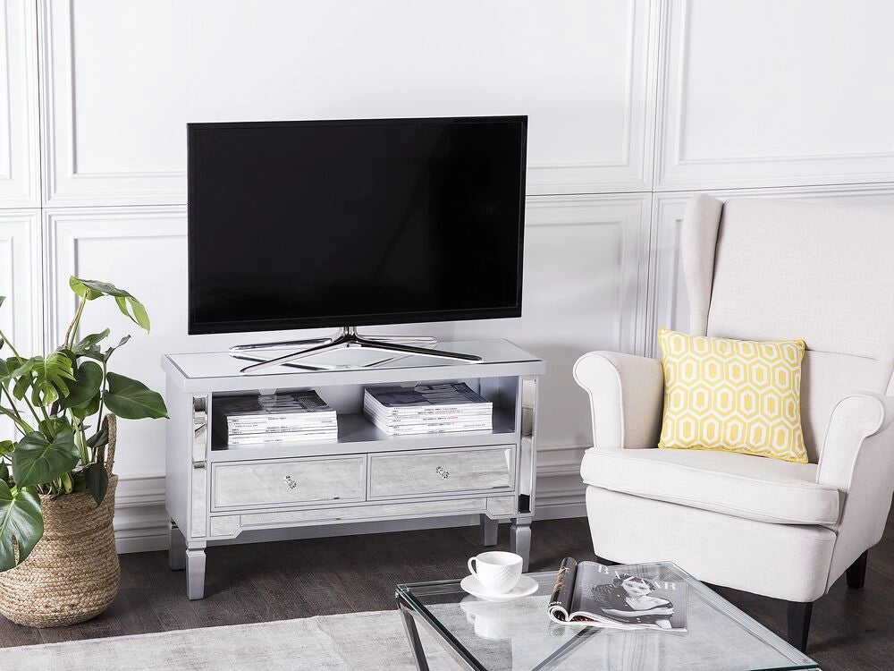 Madia credenza a Specchio argento con Cassettiera a 2 Cassetti con Pomelli in Cristallo