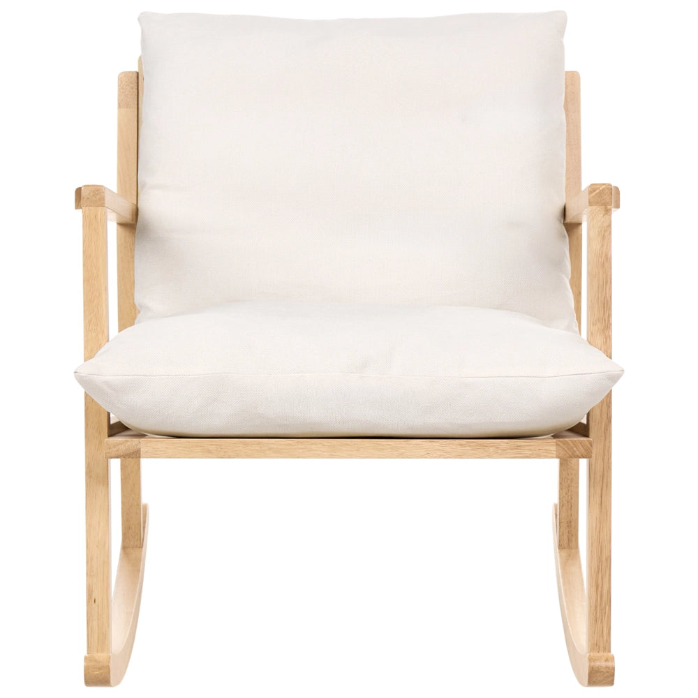 Poltrona a dondolo con rivestimento in poliestere struttura in legno di gomma stile scandinavo tessuto beige chiaro