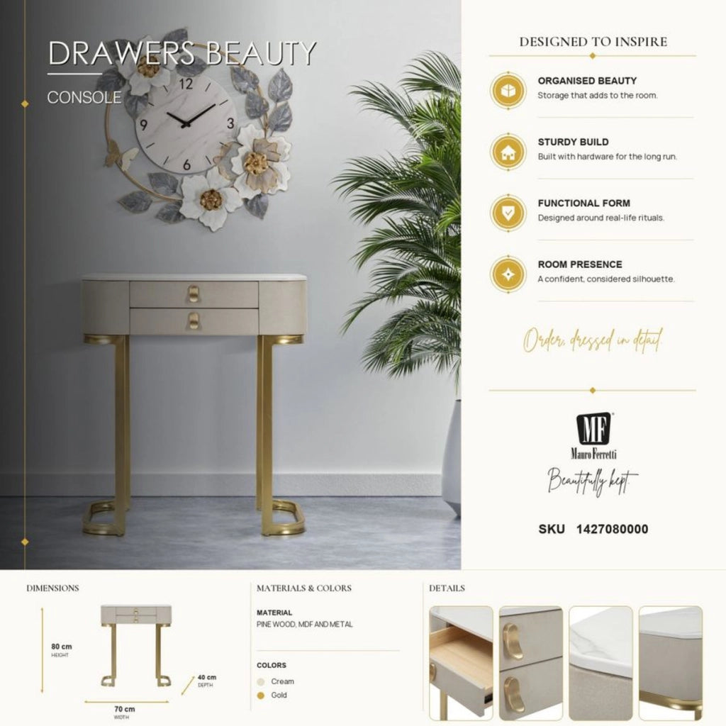 Console Beauty 2 cassetti in legno crema con gambe dorate
