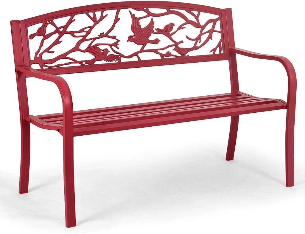 Panchina da Giardino a 2 Posti con Braccioli e Schienale Panchina in Ferro da Esterno， da Parco Terrazzo, 123x60x88 cm, Rosso
