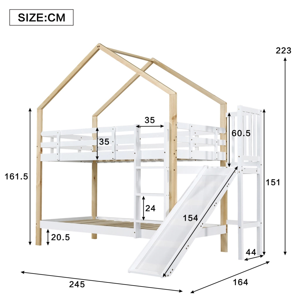 Letto a castello 90x200 cm con scivolo e scala in legno e MDF bianco