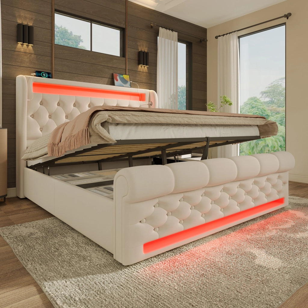 Letti contenitori 140x190 cm con LED; contenitore idraulico e USB Type C velluto beige (Senza materasso)