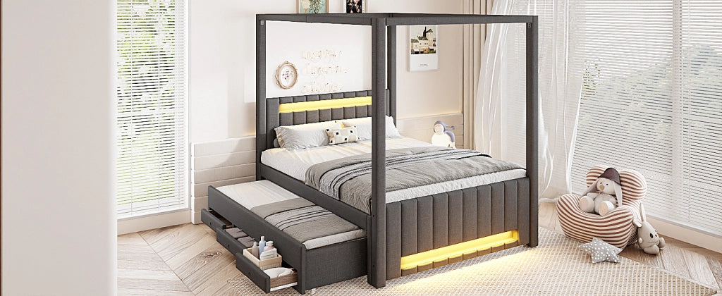 Letto imbottito con baldacchino, letto estraibile e cassetti, 140x200 cm, grigio