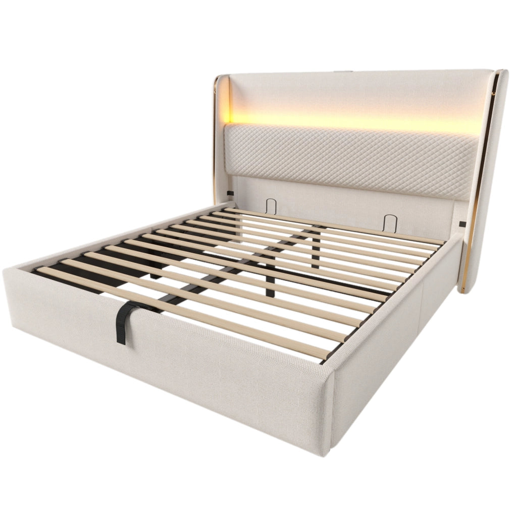 Letto 160x200 cm con contenitore; LED e prese USB/Type-C in lino beige