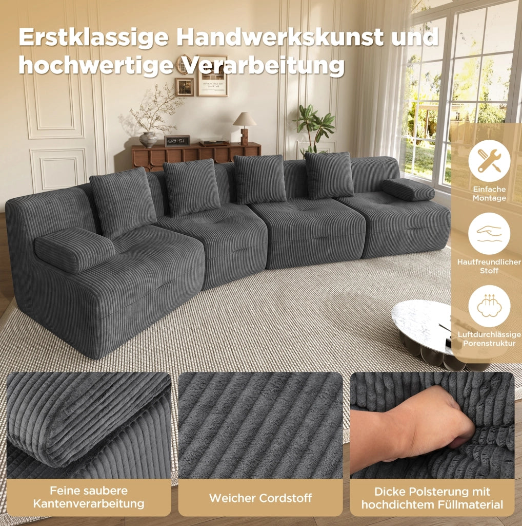 Divano modulare 4 posti in tessuto corduroy grigio scuro; 311 x 90 x 65 cm