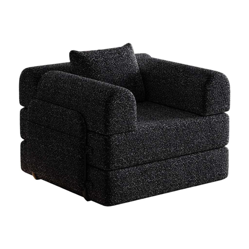 Divano letto 2 in 1 con vano portaoggetti nel bracciolo; struttura in acciaio; chenille nero