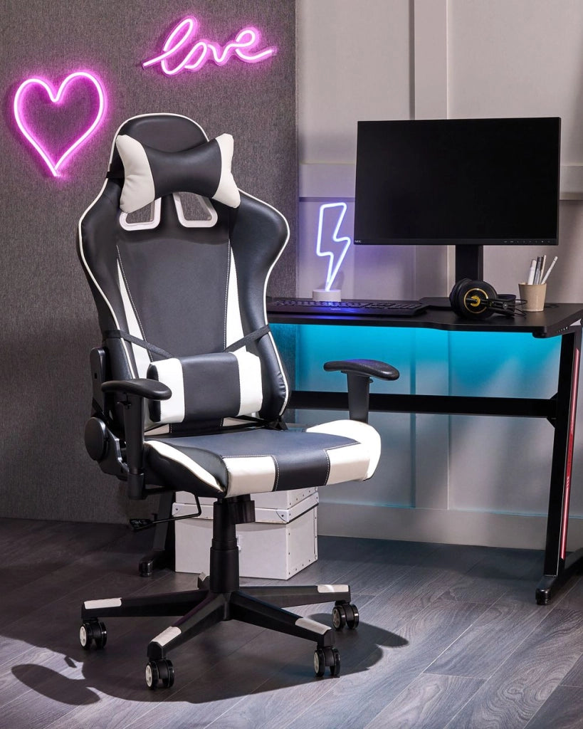 Sedia da gaming in ecopelle nera con braccioli reclinabili bianchi regolabili in altezza Supporto lombare poggiatesta Sedia da ufficio