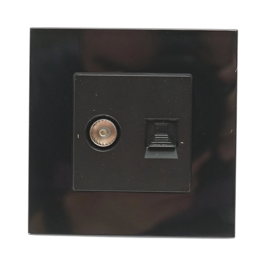 Presa TV + internet CAT5e RJ45, cornice in vetro nero 86x86mm