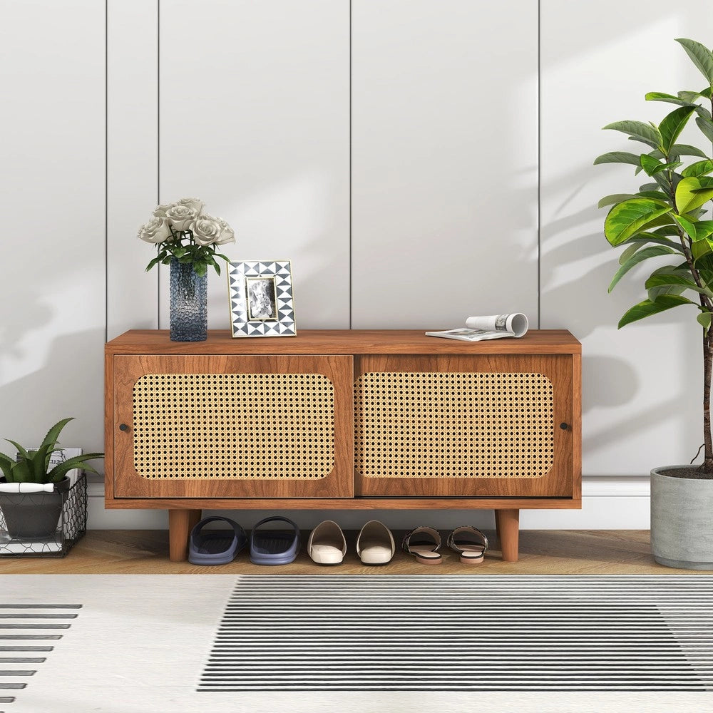 Scarpiera con 2 Ante in Rattan ¨C MINIMAL ¨C Legno Noce, Ripiani Regolabili, 104x40x48 cm
