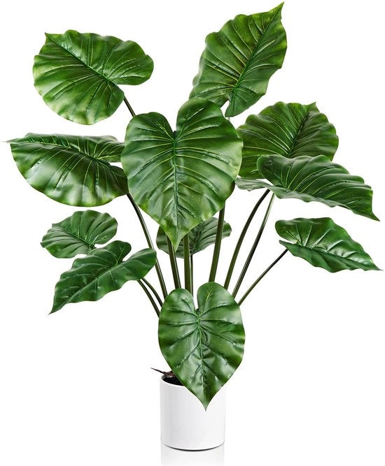 Pianta finta Monstera 90cm per interni, foglia di Alocasia finta in un vaso bianco, decorazione per soggiorno, ufficio, festival e festa