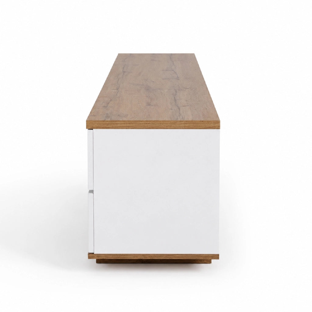 Mobile TV Con 4 Ante Anta A Ribalta 2 Vani A Giorno Passacavi In MDF Resistente Mobile Basso Per Soggiorno Living Salotto Moderno E Organizzato 180 x 38 x 46 Cm Bianco E Rovere