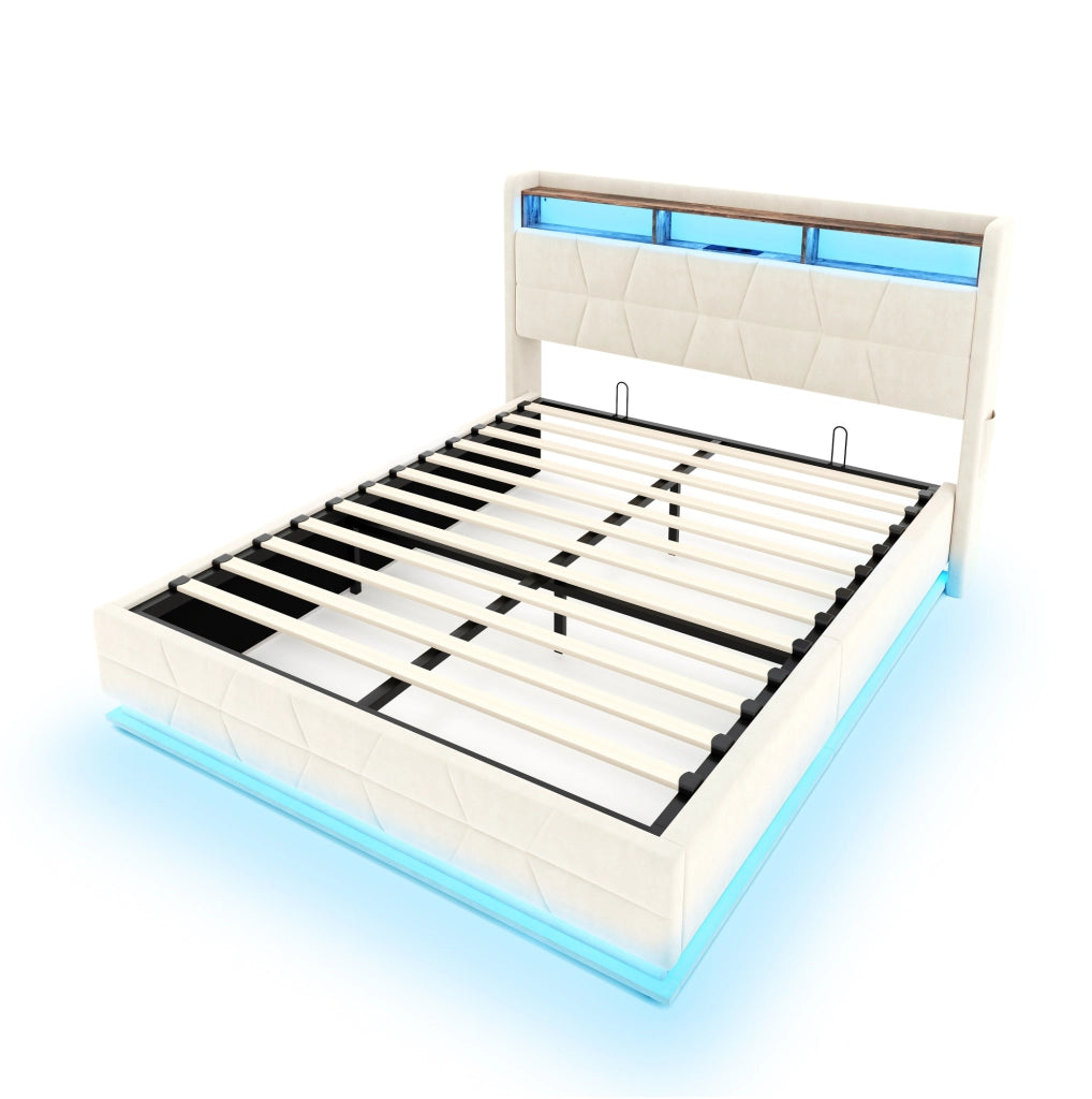 Letto matrimoniale 140x190 cm in velluto beige con testiera contenitore; LED e porte USB/Type-C
