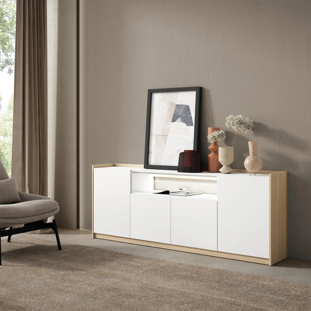 Credenza, Mobile, Cucina, 207x80x37 cm, 4 Porte, LED, Bianco e Rovere soft
