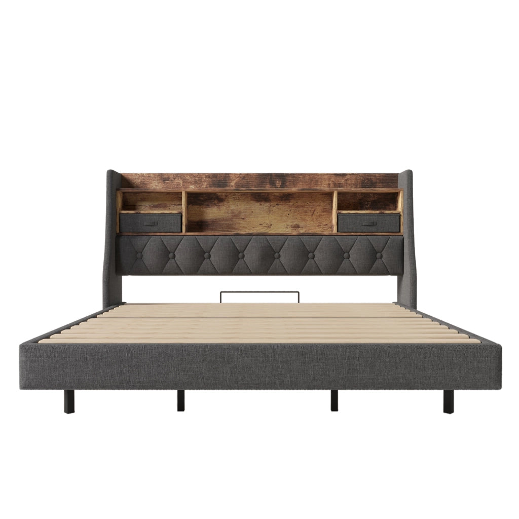 Letto Matrimoniale 180x200 cm; USB Type-C; LED; Mensole e Contenitore in Lino Grigio